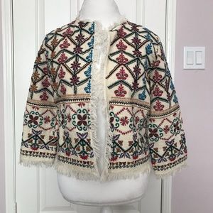 Zara Beaded Knit Frayed Fringe Cardigan Jacket